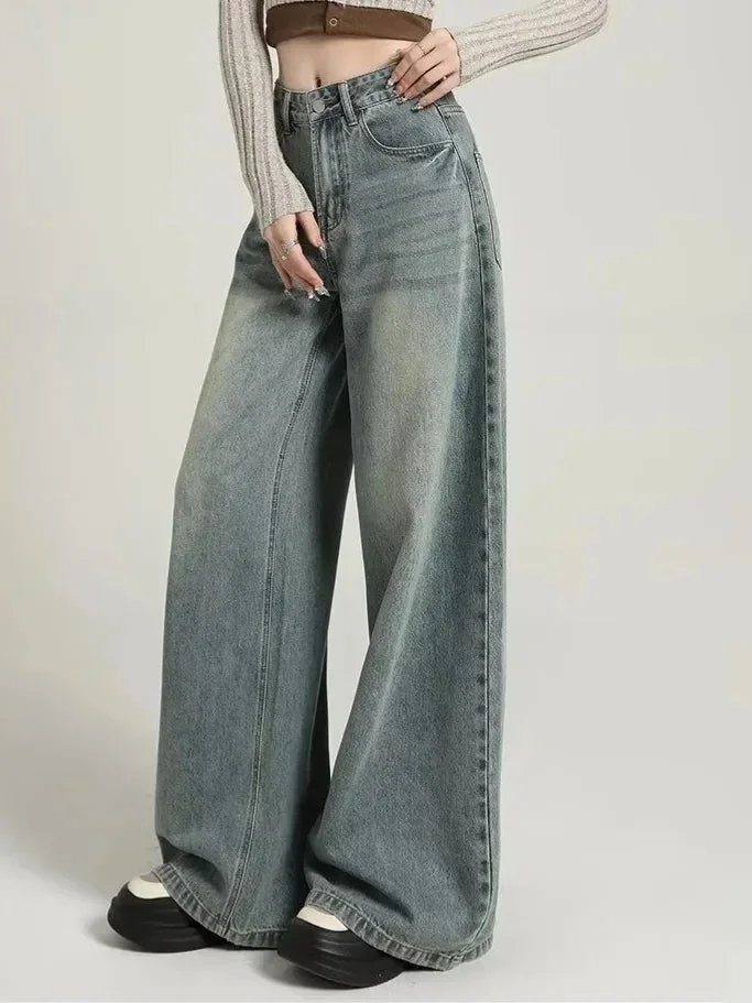 Weite Damenjeans im Washed-Look mit hoher Taille