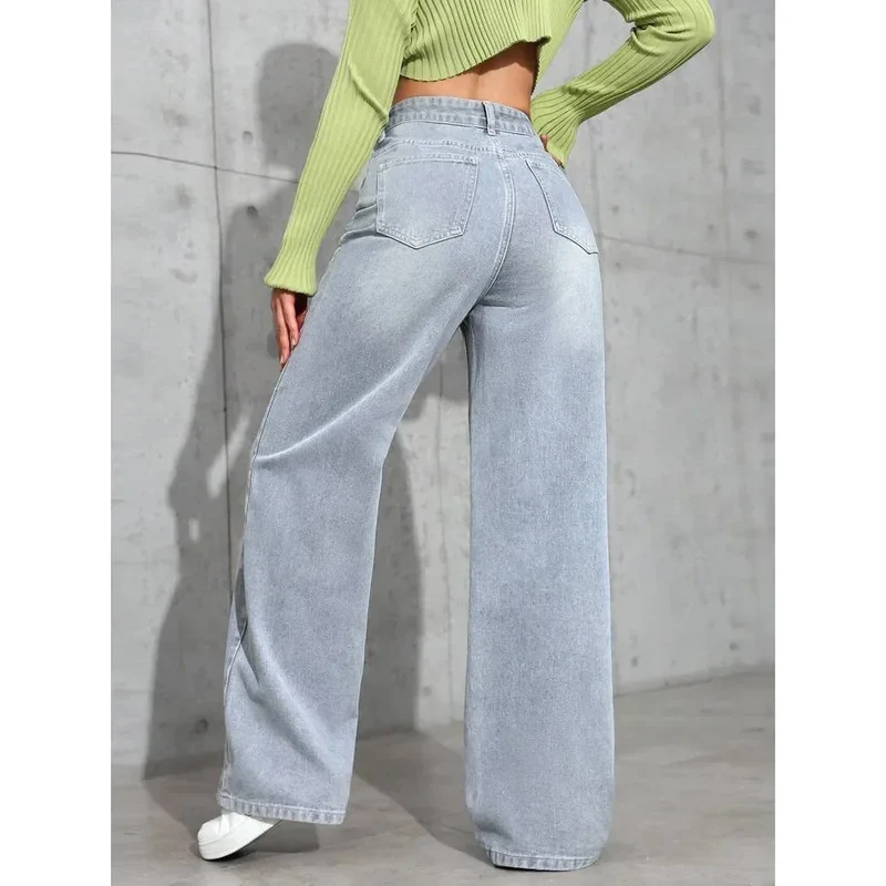 Damen Baggy Jeans mit Hohem Bund und Weitem Bein