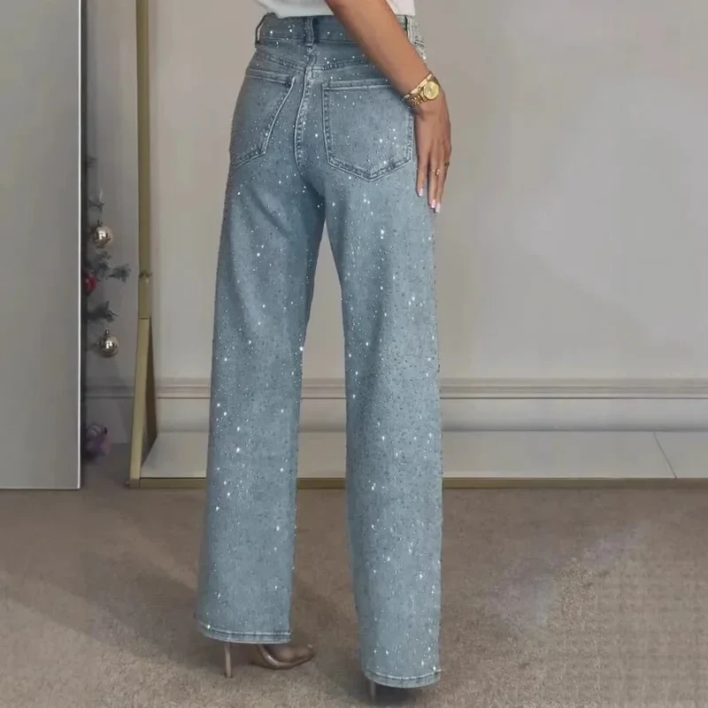Damen High Waist Wide Leg Jeans mit Strass-Steinen