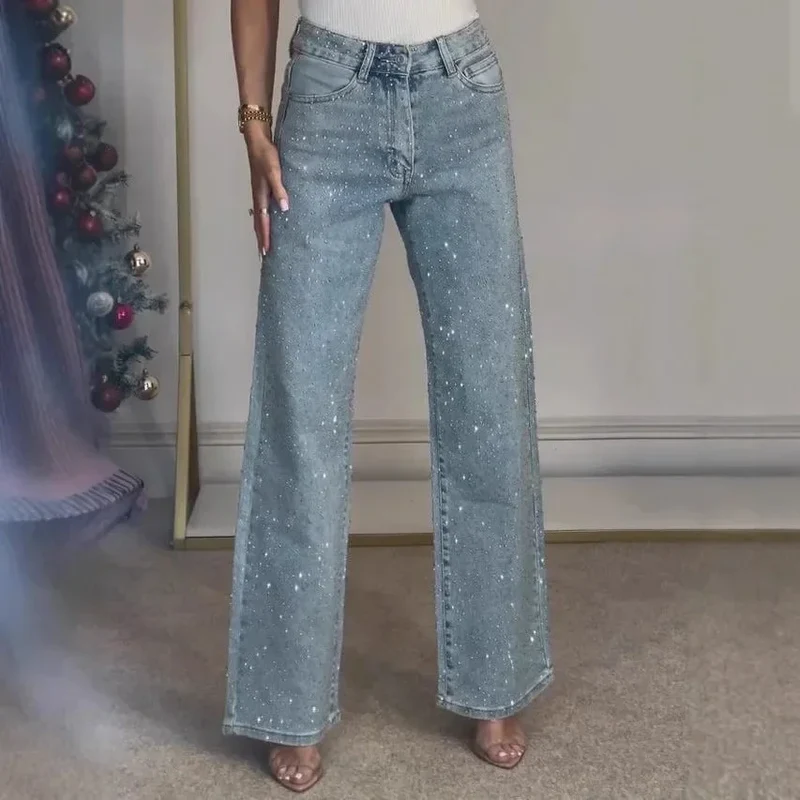 Damen High Waist Wide Leg Jeans mit Strass-Steinen