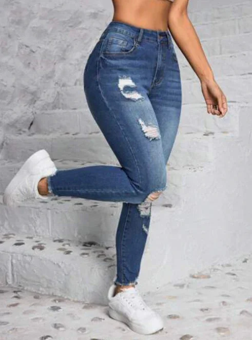 Damen Skinny Jeans mit Rissen in Blau