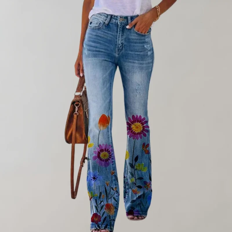Damen Jeans mit weitem Bein und Blumendruck