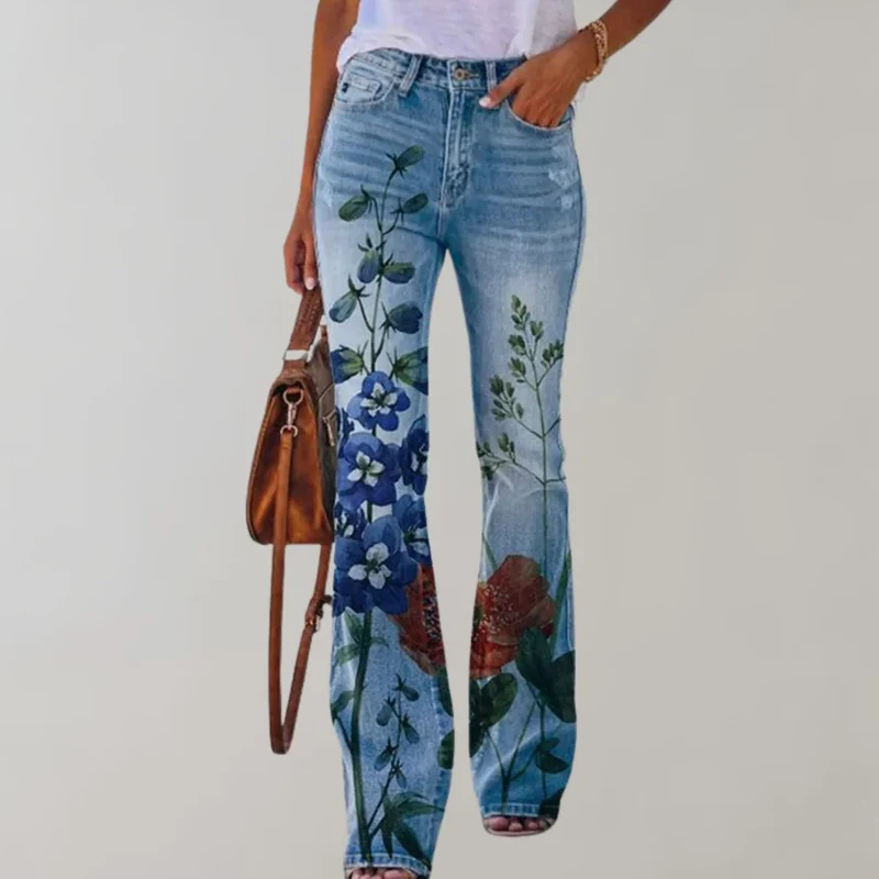 Damen Jeans mit weitem Bein und Blumendruck