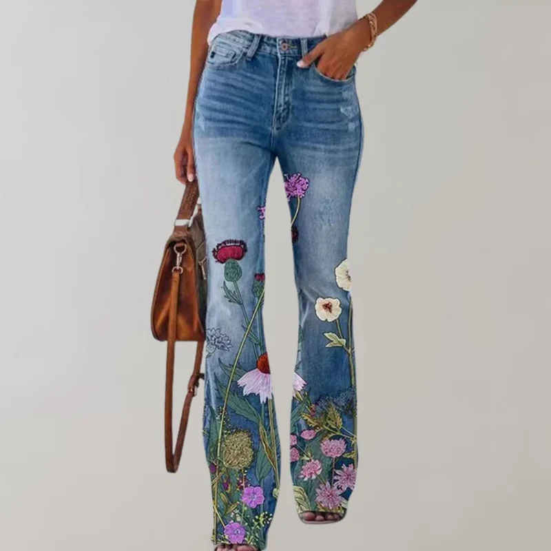Damen Jeans mit weitem Bein und Blumendruck