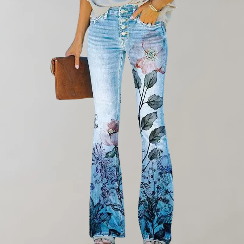 Damen Jeans mit weitem Bein und Blumendruck