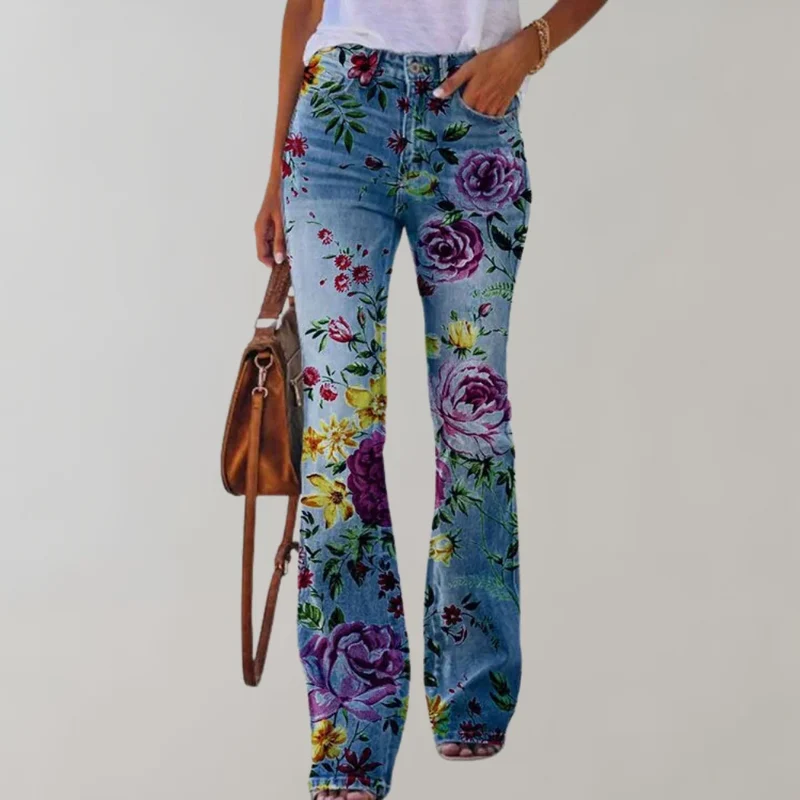 Damen Jeans mit weitem Bein und Blumendruck