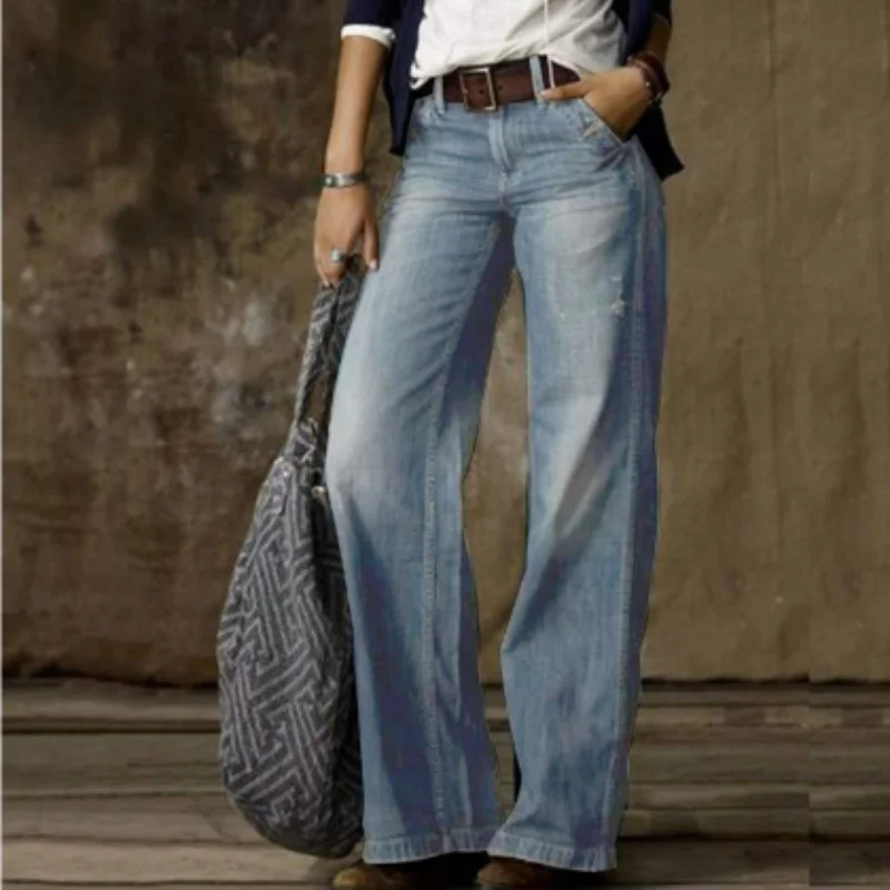 Damen Vintage Jeans mit Hoher Taille und Weitem Bein