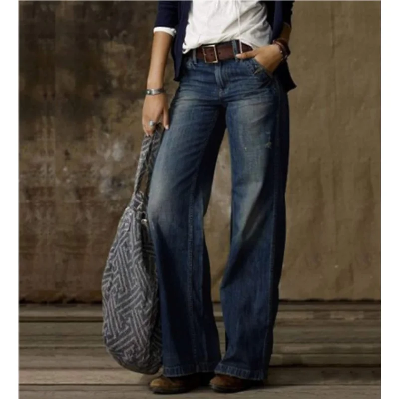 Damen Vintage Jeans mit Hoher Taille und Weitem Bein
