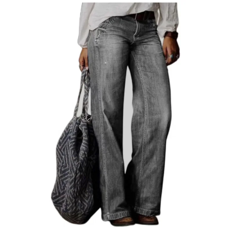 Damen Vintage Jeans mit Hoher Taille und Weitem Bein
