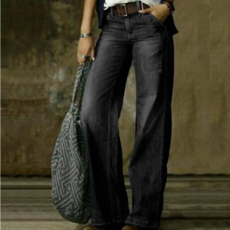 Damen Vintage Jeans mit Hoher Taille und Weitem Bein