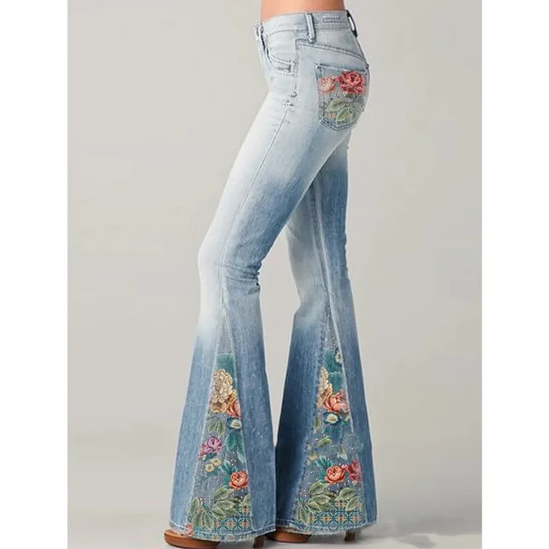 Damen Vintage Jeans mit Stickerei und Schlag