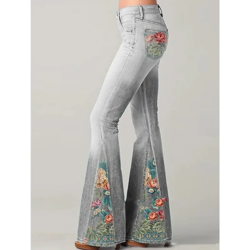 Damen Vintage Jeans mit Stickerei und Schlag
