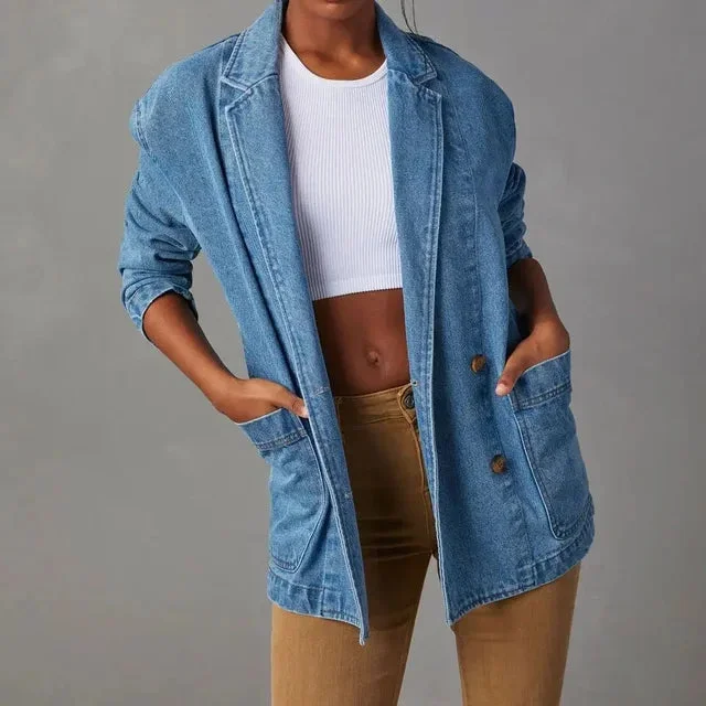 Damen Denim Blazer mit Taschen und Knopfdetails