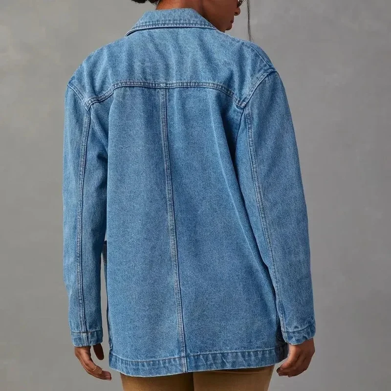 Damen Denim Blazer mit Taschen und Knopfdetails