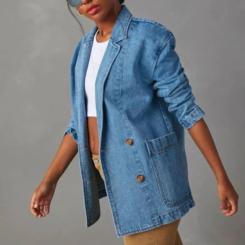 Damen Denim Blazer mit Taschen und Knopfdetails