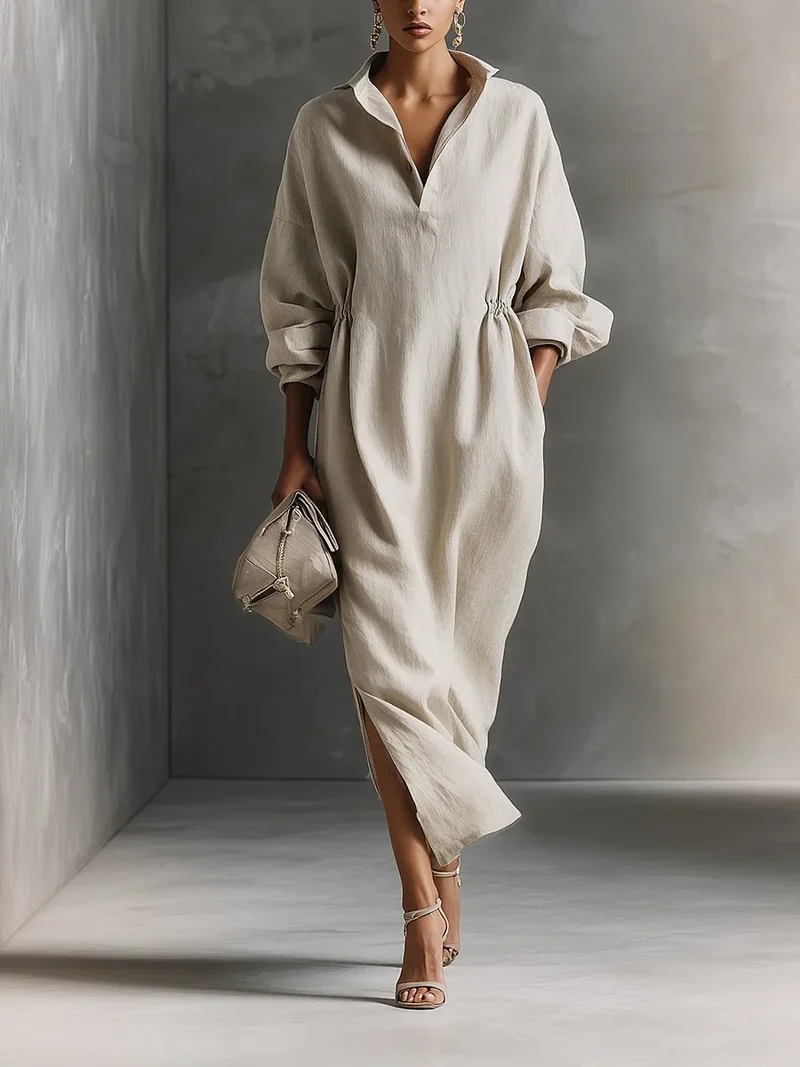 Damen Beige Maxikleid mit Langärmeln und Kragen
