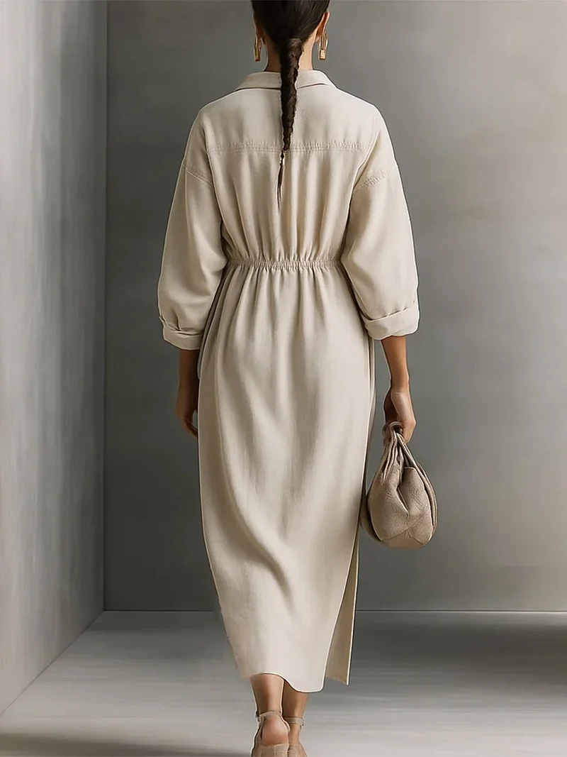 Damen Beige Maxikleid mit Langärmeln und Kragen