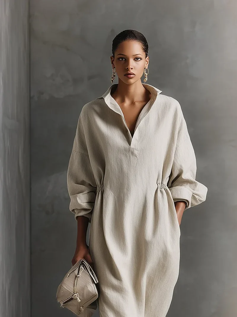 Damen Beige Maxikleid mit Langärmeln und Kragen