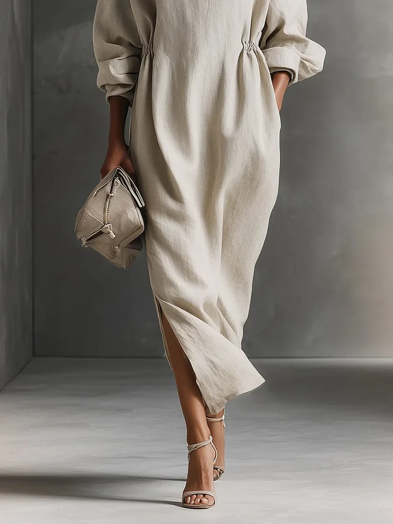 Damen Beige Maxikleid mit Langärmeln und Kragen