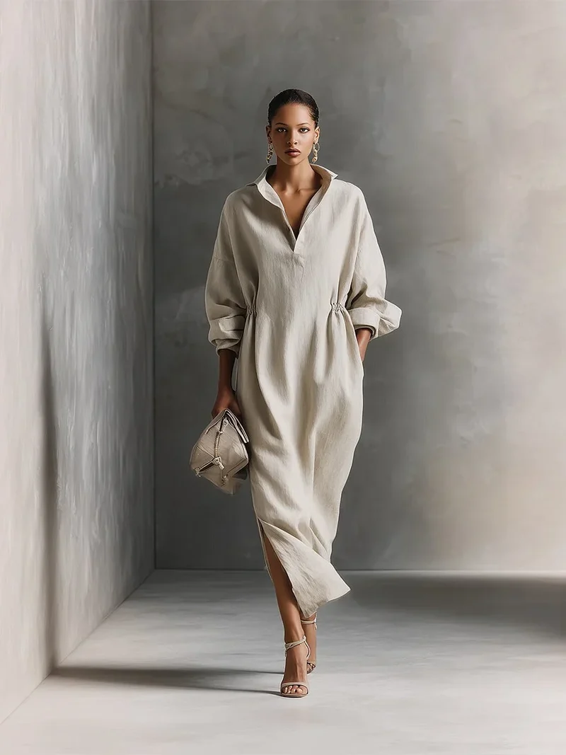 Damen Beige Maxikleid mit Langärmeln und Kragen