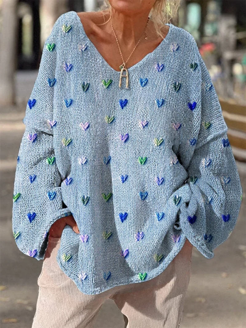 Damen Strickpullover mit bunten Herzmotiven und V-Ausschnitt