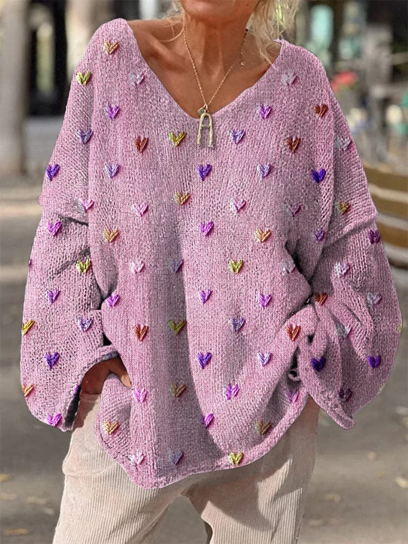 Damen Strickpullover mit bunten Herzmotiven und V-Ausschnitt