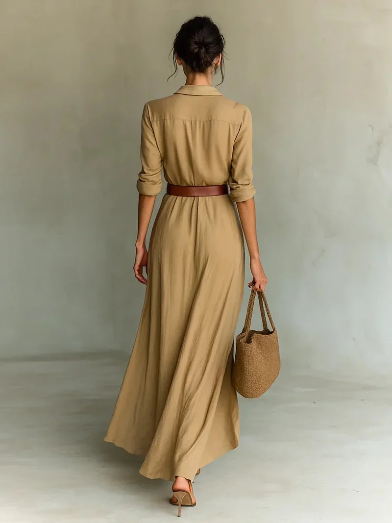 Maxikleid für Damen mit tiefem V-Ausschnitt und langen Ärmeln
