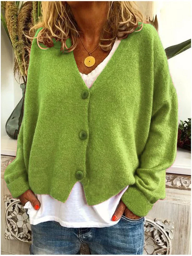 Damen Strickjacke Kurz mit V-Ausschnitt und Knopfleiste