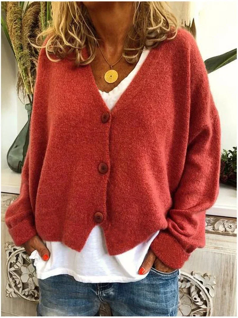 Damen Strickjacke Kurz mit V-Ausschnitt und Knopfleiste