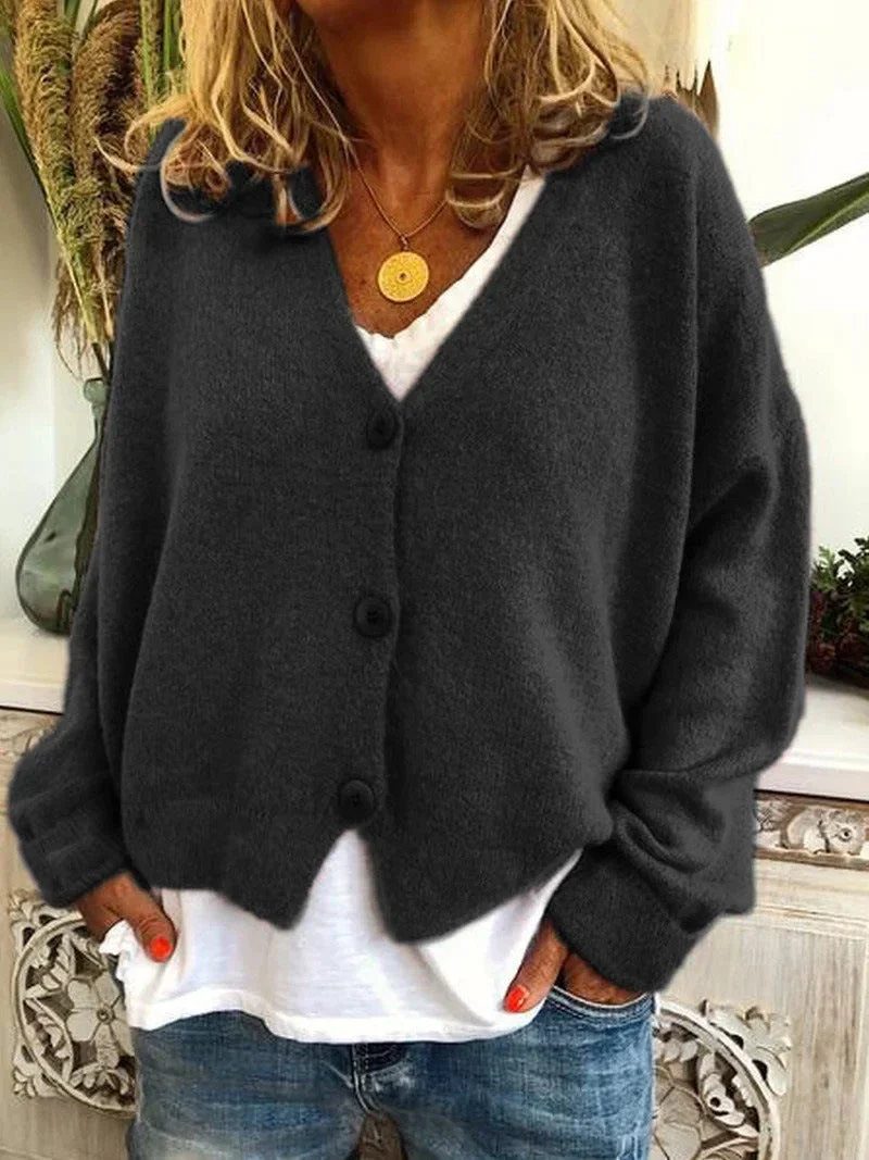Damen Strickjacke Kurz mit V-Ausschnitt und Knopfleiste