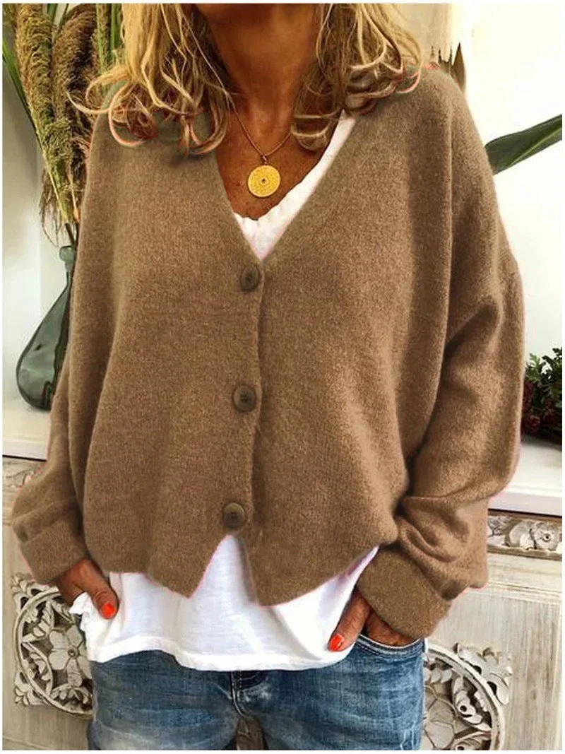 Damen Strickjacke Kurz mit V-Ausschnitt und Knopfleiste