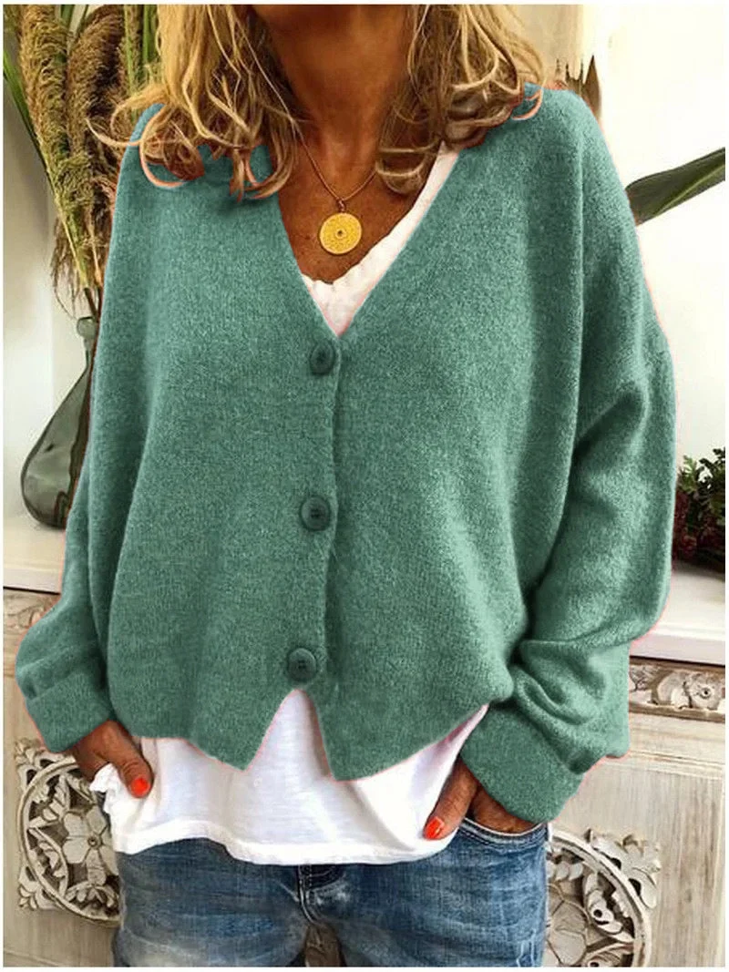 Damen Strickjacke Kurz mit V-Ausschnitt und Knopfleiste