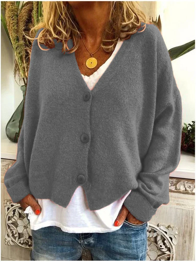 Damen Strickjacke Kurz mit V-Ausschnitt und Knopfleiste