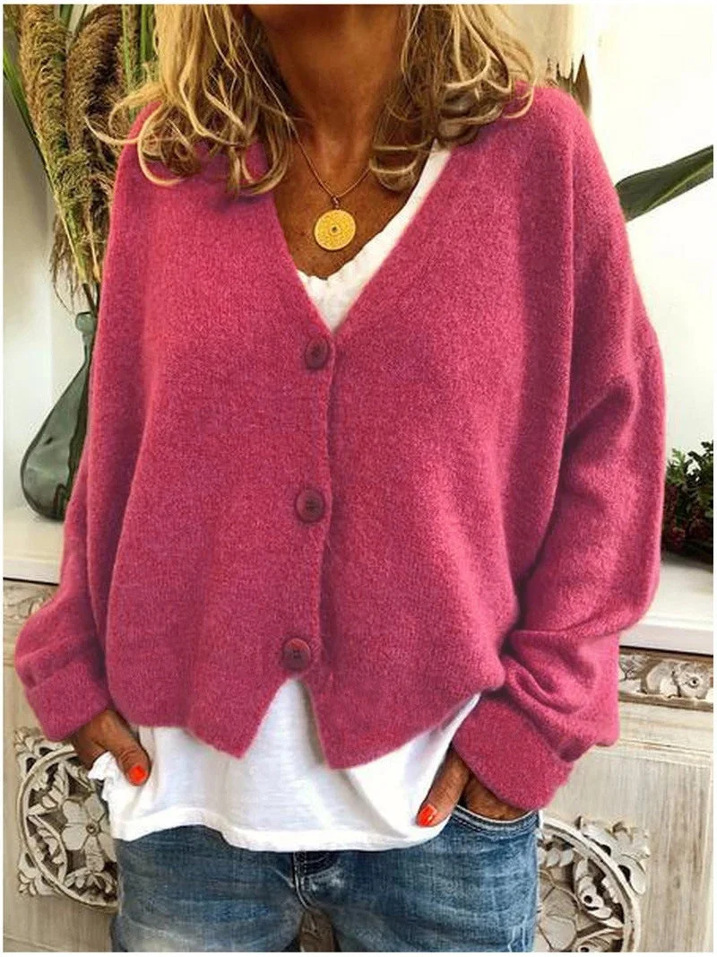 Damen Strickjacke Kurz mit V-Ausschnitt und Knopfleiste