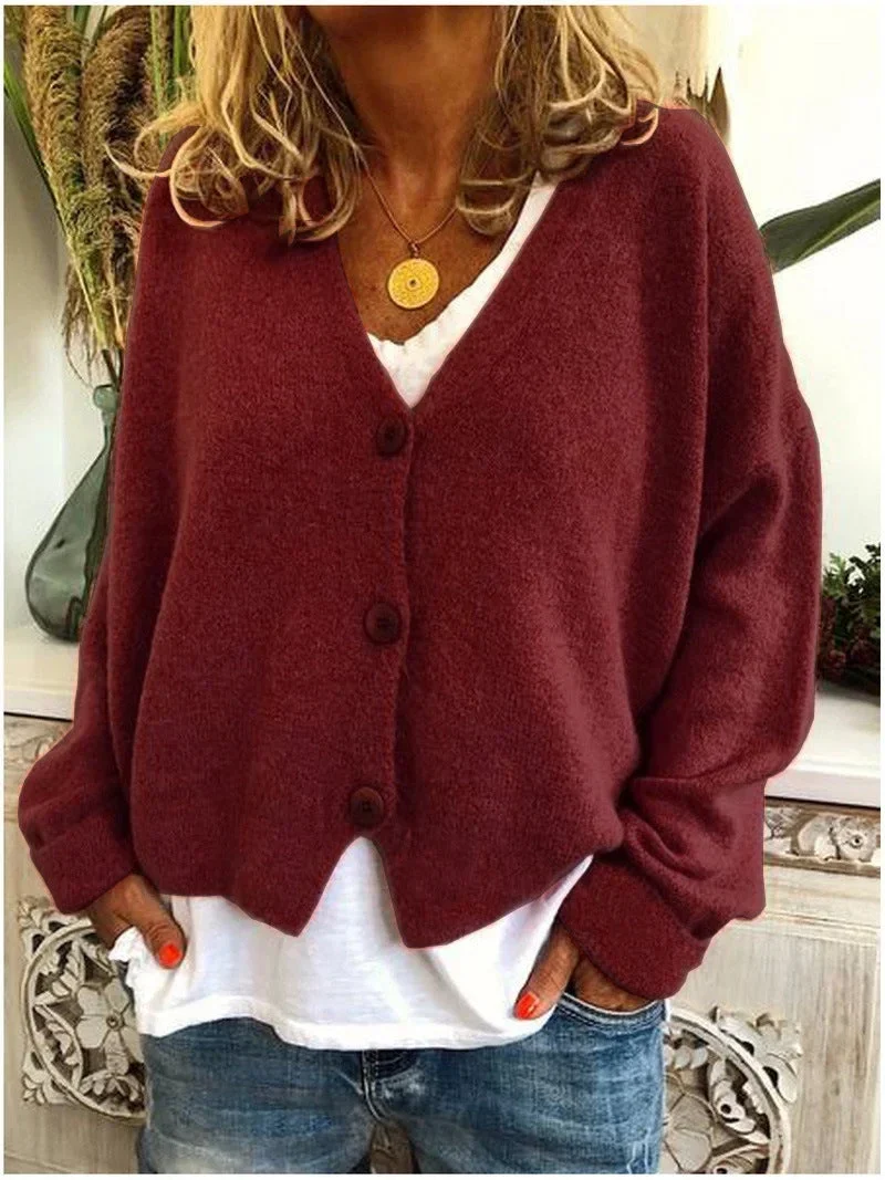 Damen Strickjacke Kurz mit V-Ausschnitt und Knopfleiste