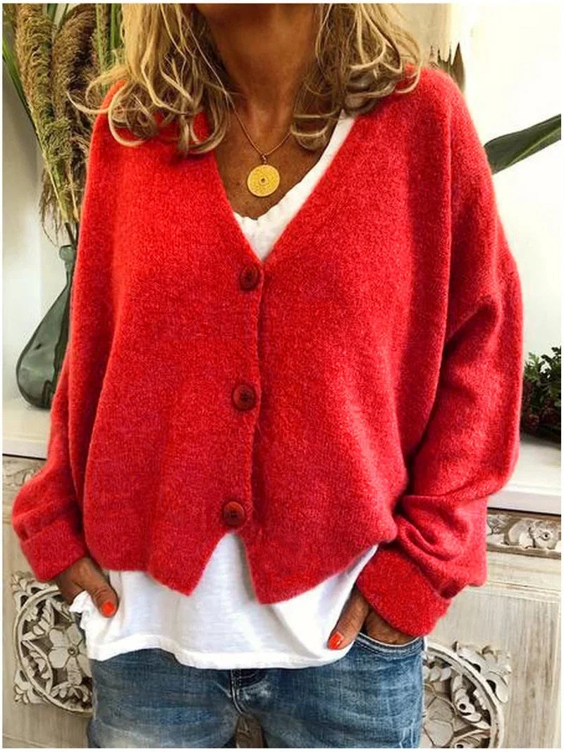 Damen Strickjacke Kurz mit V-Ausschnitt und Knopfleiste