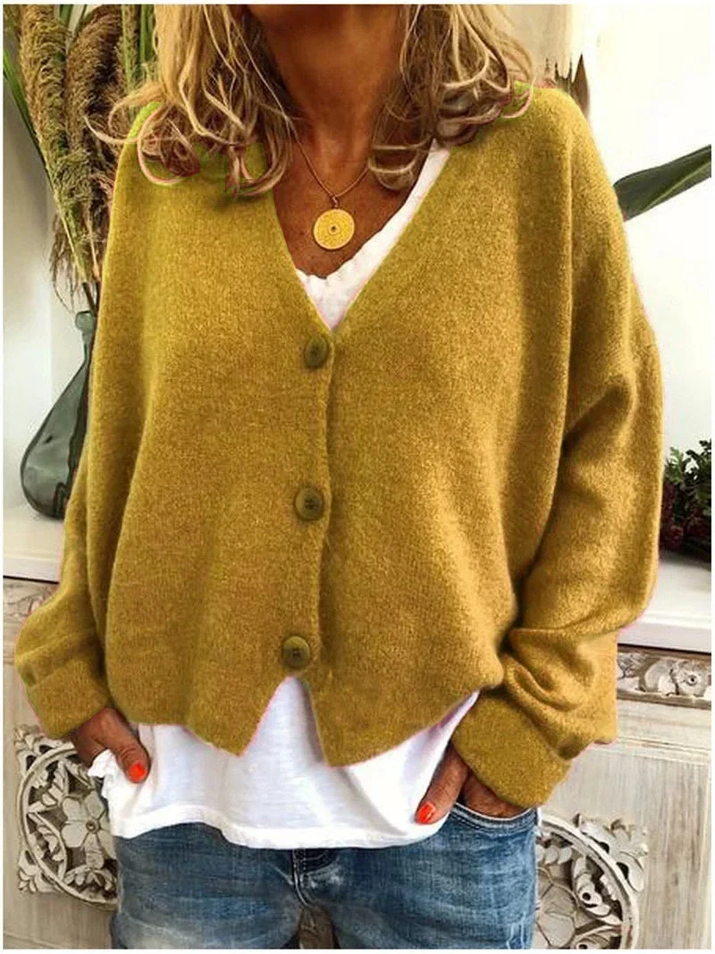 Damen Strickjacke Kurz mit V-Ausschnitt und Knopfleiste