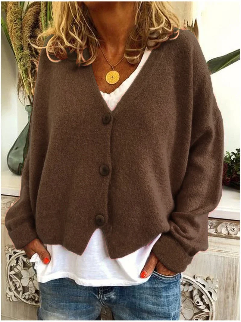 Damen Strickjacke Kurz mit V-Ausschnitt und Knopfleiste