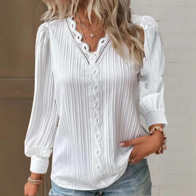 Damen Bluse mit Spitzendetails und V-Ausschnitt
