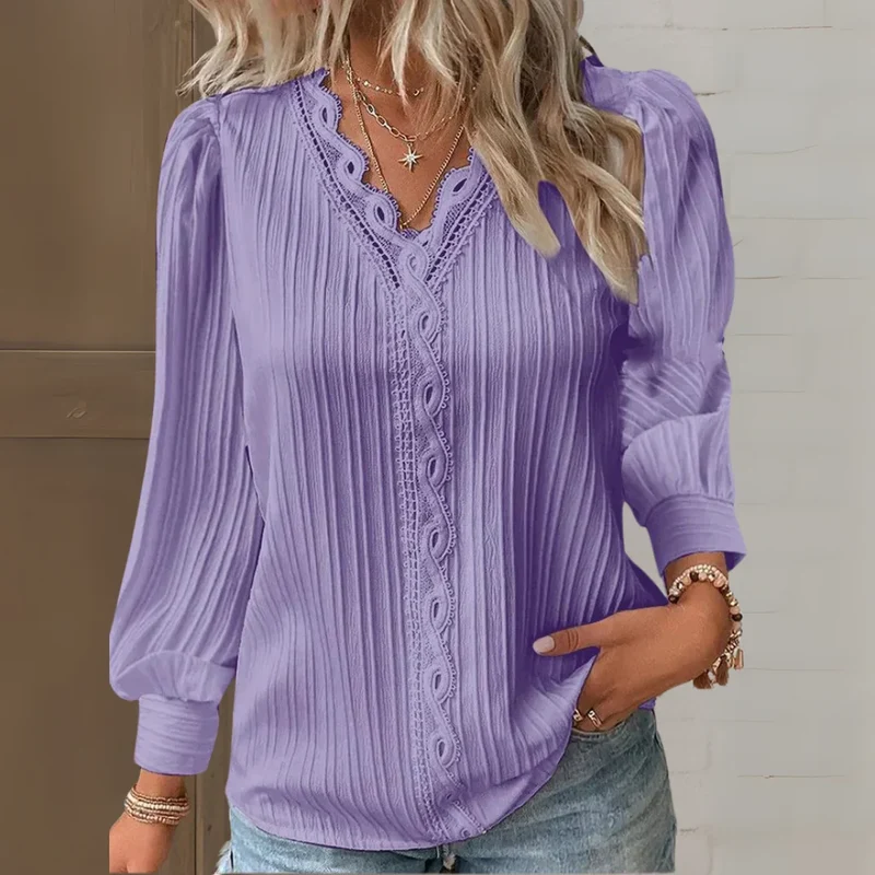 Damen Bluse mit Spitzendetails und V-Ausschnitt