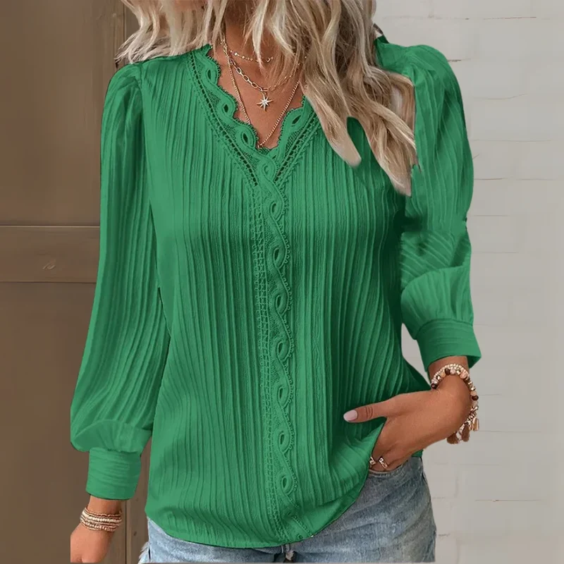 Damen Bluse mit Spitzendetails und V-Ausschnitt