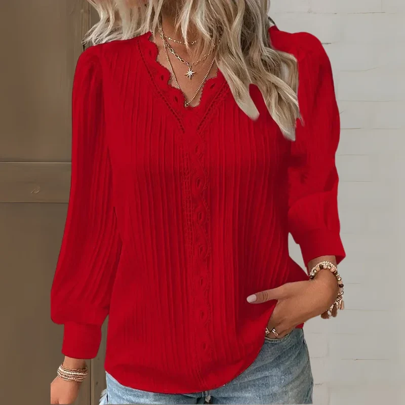Damen Bluse mit Spitzendetails und V-Ausschnitt