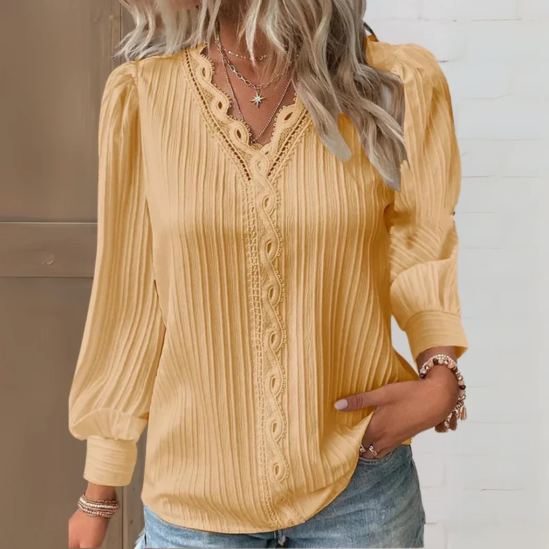 Damen Bluse mit Spitzendetails und V-Ausschnitt