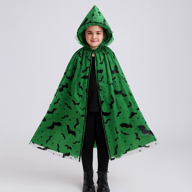 Noctira | Vintage-Halloween-Kapuzenumhang mit Spinnennetz- und Fledermaus-Print