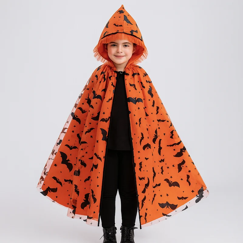 Noctira | Vintage-Halloween-Kapuzenumhang mit Spinnennetz- und Fledermaus-Print