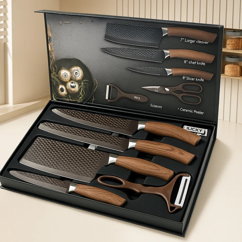 Chefora | 6-teiliges Küchenmesser- und Zubehörset aus Edelstahl – Schwarze Geschenk-Edition