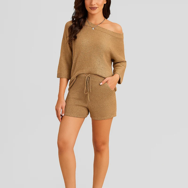 Elegantes 2-teiliges Set – Off-Shoulder-Trägertop & taillierte Shorts für Damen