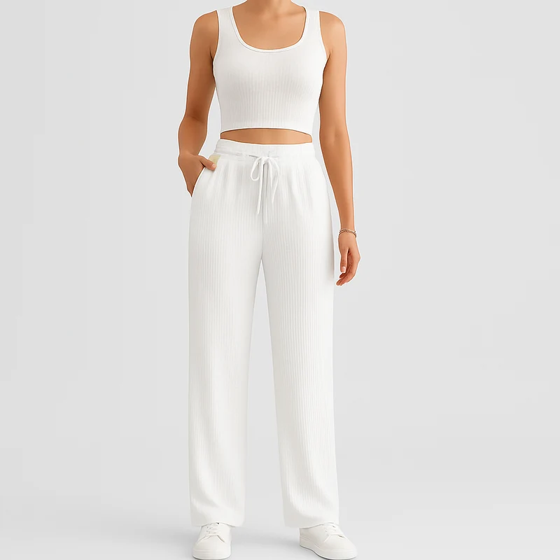 2-teiliges Sommer-Set für Damen – Ärmelloses Crop-Top und strukturierte Hose mit hoher Taille