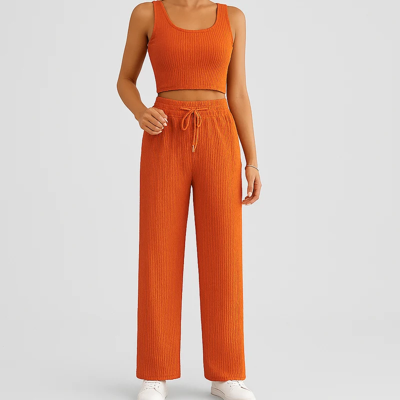 2-teiliges Sommer-Set für Damen – Ärmelloses Crop-Top und strukturierte Hose mit hoher Taille