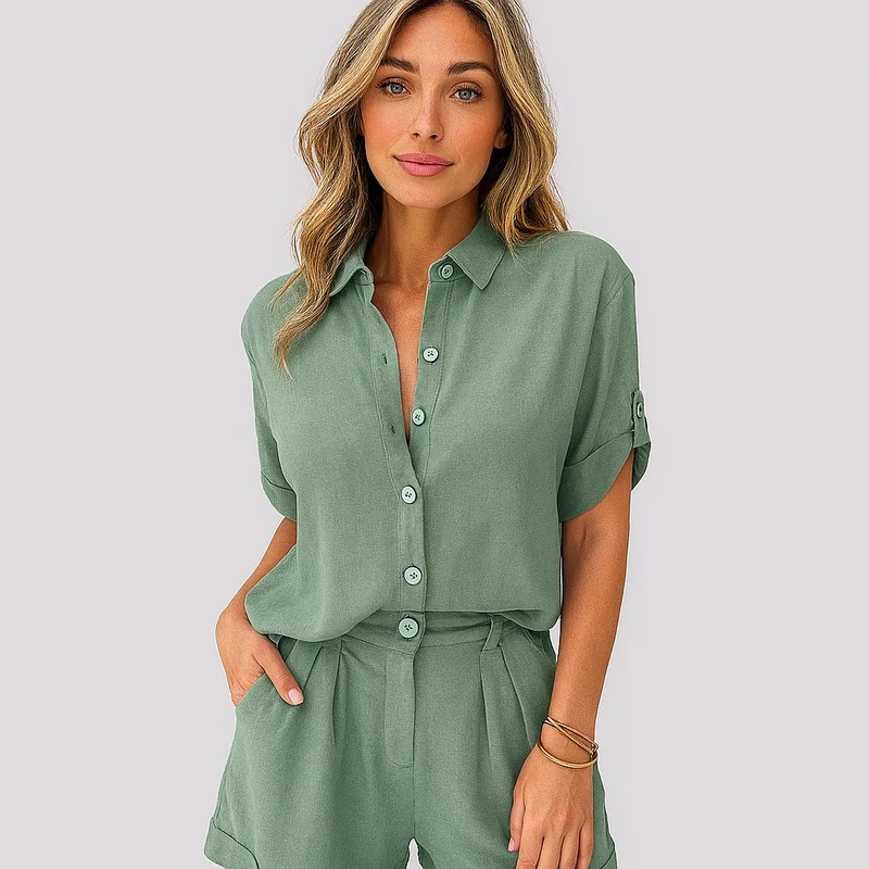 Chices Leinen-Zweiteiler-Set – Oversized Hemd & High-Waist Shorts für Damen